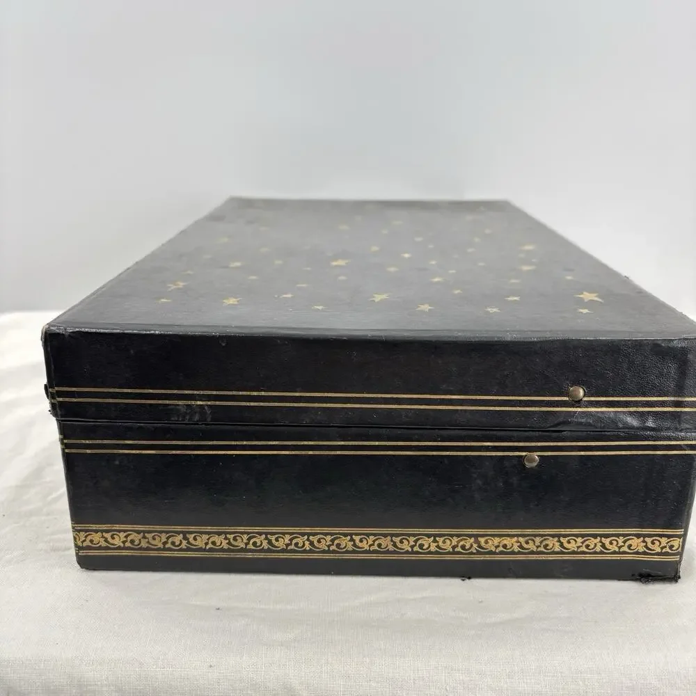 Vtg 2 Tier Jewelry Box Black Leathette Gold Stars Celestial 14x8.5